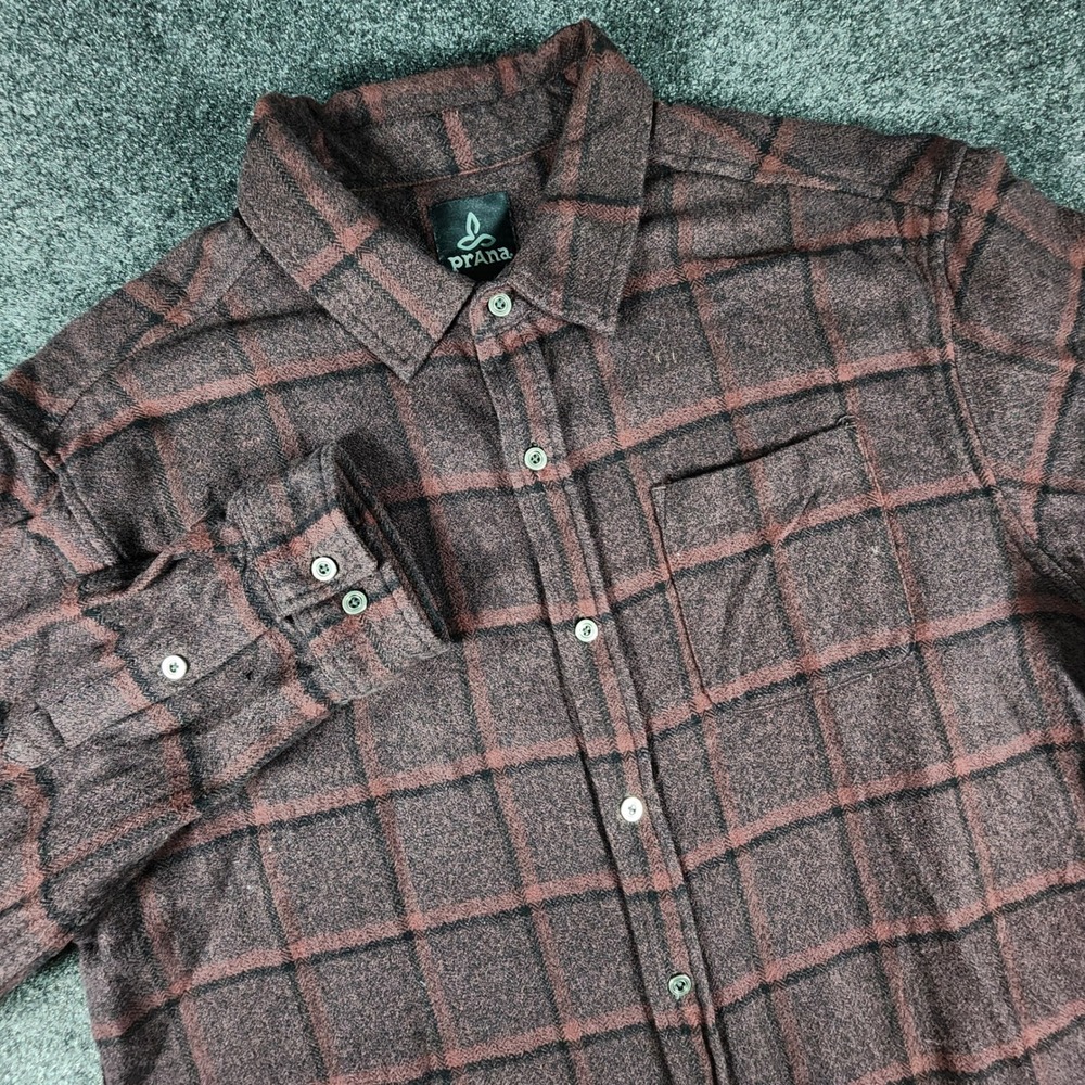 prAna Flannel Shirt Mens XL Burgundy Black Plaid Long Sleeve Button Down